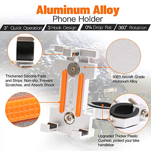 Elecfun Motorcycle Phone Mount Universal Bike Cell Phone Holder Aluminum Bicycle Phone Holder Anti Shake & 360° Rotation, Fit Samsung Galaxy S9/S8 Plus/Google Pixel/Iphone, Etc (Silver) #TOP2