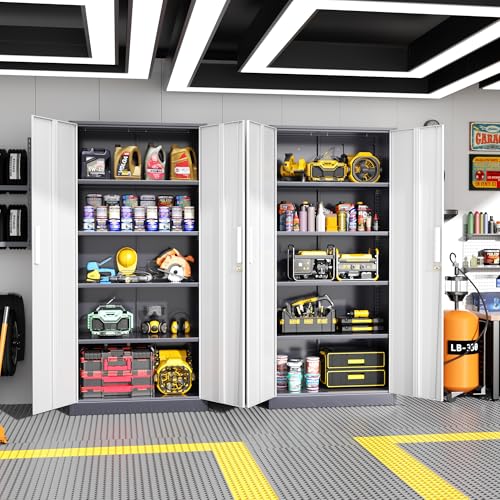 Image of Greenvelly Metal Garage Storage Cabinet, Tall Locking Storage Cabinet with 2 Doors and 4 Adjustable Shelves, Steel Tool Cabinet, Lockable Filling Cabinet for Home, Office, Garage, School (Gray White)