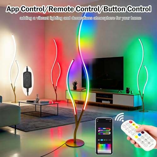 Image of DAYCENT RGBWIC Floor Lamp Modern LED Corner Lamps 1500 Lumen Smart Floor Lamps with Remote and 16 Million DIY Colors, Music Sync Standing Lamp for Living Room Bedroom Home Decor, Gold Finish