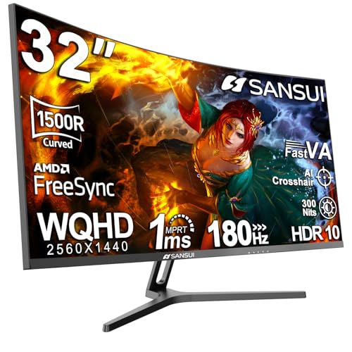 SANSUI 32-Inch Curved Gaming Monitor WQHD 2560 x 1440 165Hz Curved 1500R -1ms(OD), HDR, 300nits, sRGB 125%, DCI-P3 95%, FreeSync, HDMI2.1(TMDS) x2, DP1.2×2(ES-G32C3 DP Cable Included)
