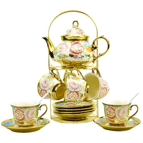 20 Pieces Porcelain Tea Set With Metal Holder, European Ceramic tea set for adults,Flower Tea Set,Tea Set For Women With Flower Painting（Large version，Ivory） - Thumbnail 2
