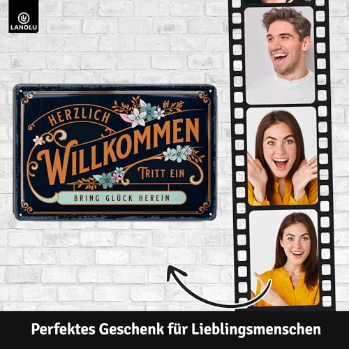 LANOLU Retro Tin Sign 'Herzlich Willkommen' - Welcome Decorative Garden Sign, 20 x 30 cm Steel Wall Mount Sign - Image 2