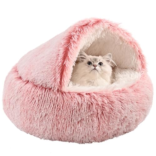 Cat-Bed-Round-Hooded-Cat-Bed-Cave-for-Indoor-Cats-DogsSelf-Warming-pet-Bed-for-Cuddling-up-and-BurrowingWashableAnti-Slip-Waterproof-Bottom20-Gradual-Pink