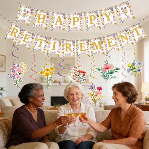 Image of Wildflower Retirement Party Decorations for Women | Gold Happy Retirement Banner with Floral Hanging Swirls,Just Retired Party Decor Supplies