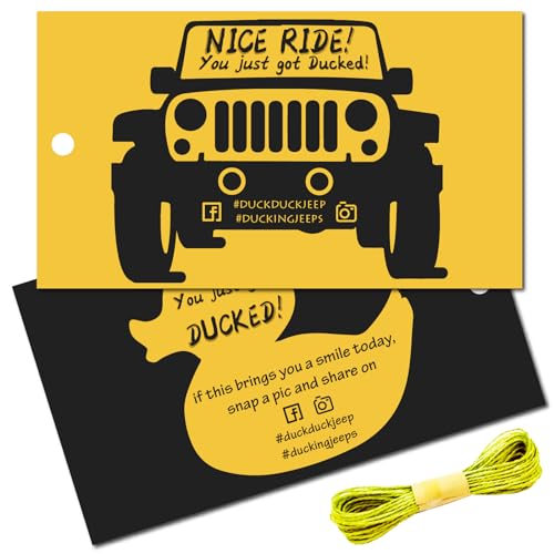 CREATCABIN 50 Tarjeta Que Te Han Esquivado,Etiquetas Pato,Tarjeta Pato,Jeep,Etiquetas Pato,Tarjeta Pato Jeep para Pato Goma,Decoración Jeeps Coche,Amarillo,8.75x5cm,Bonito Paseo! Te Acaban Esquivar