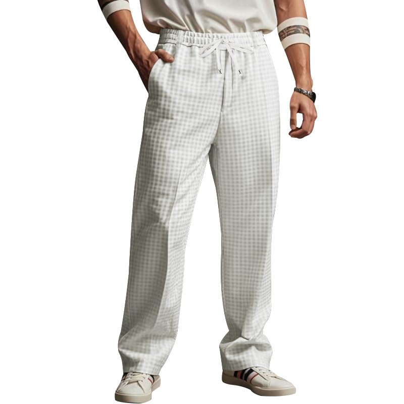 Mens Plaid Regular Fit Drawstring Pants Stretch Comfy Trousers with Pockets Casual Straight Leg Lightweight Outfits