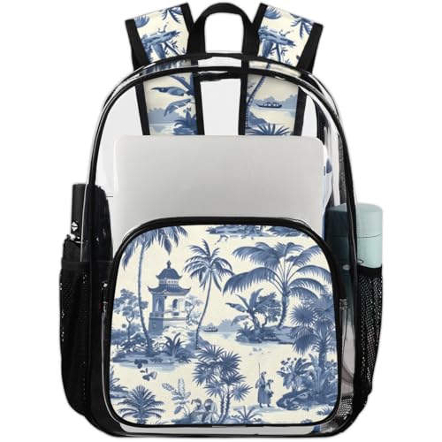 Hand Painted Coconut Trees Tower Clear Backpack Stadium Approved PVC Backpacks for Adults Heavy Duty Clear Bag for Work Security Travel College
