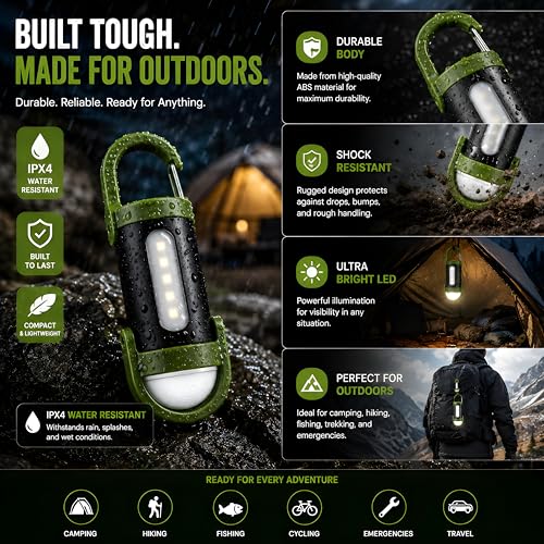 Image of Mini LED Flashlight with Carabiner Clip - Rechargeable Magnetic Work Light with Side COB Lamp, Waterproof Pocket Torch for Camping, Hiking, Travel & Emergency Use (Green-Black)