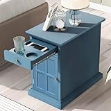 Traditional Wood End Table with Charging Station, Modern Vintage Sofa Chair Side Table Nightstand with Storage & Drawer for Living Room Bedroom, No Assembly, Antique Navy