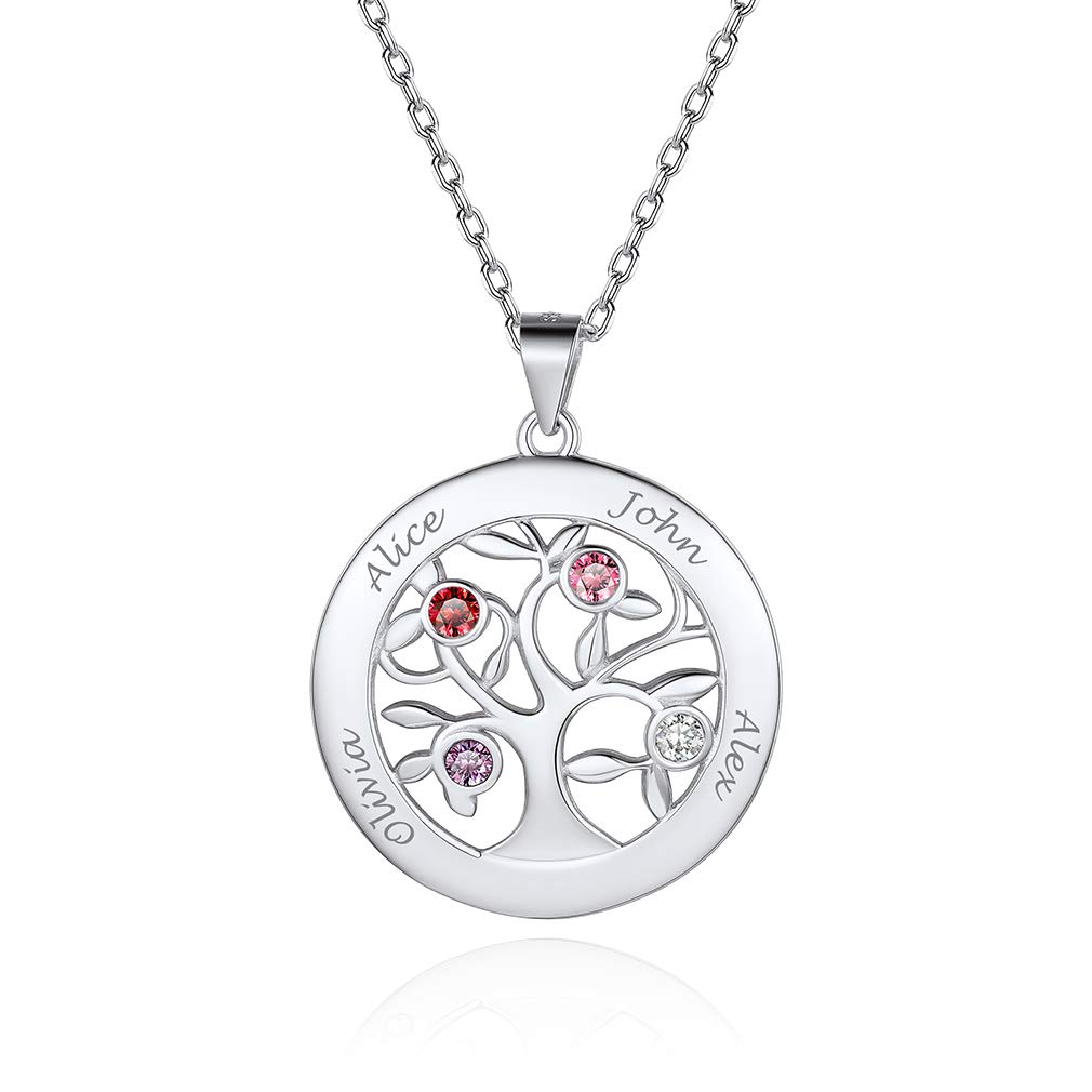 Custom4U 2-7 Nomi DIY S925 Collana con Nome Personalizzato Collana Donna Argento con Pietra Portafortuna Nomi Incisi Argento Sterling Albero della Vita Collana Amicizia