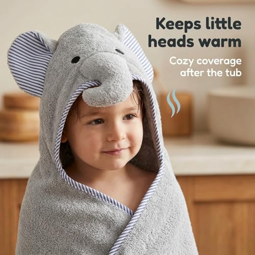 Image of EVERYDAY KIDS Hooded Baby Toddler Bath Towel for Boys and Girls - 3D Gray Elephant with Ears and Trunk; Soft and Absorbent Terry Cloth Hooded Towel for Young Kids; Gender Neutral Baby Bath Essential