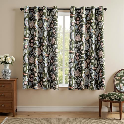 Image of MYSKY HOME Floral Boho Blackout Bedroom Curtains 63 inch Long Room Darkening Thermal Insulated Vintage Curtains with Patterned Bird Design Grommet Drapes for Home Decor,2 Panels, 52 inch x 63 inch, Green