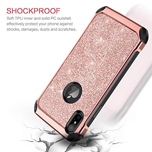 Bentoben Iphone Xs Max Case, Bling Glitter Slim Shockproof Two Layer Protective Shiny Girl Women Faux Leather Full Body Soft Bumper Hard Pc Phone Cover For Apple Iphone Xs Max 6.5”(2018), Rose Gold #TOP2