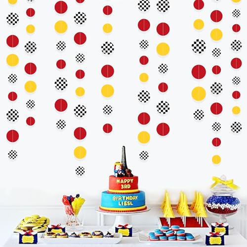 Image of Racing Car Party Decorations Yellow Red Circle Dot with Checkered Printed Polka Dots Garland Streamer for Race Fans Birthday Wedding Shower Let's Go Racing Party Decor Supplies