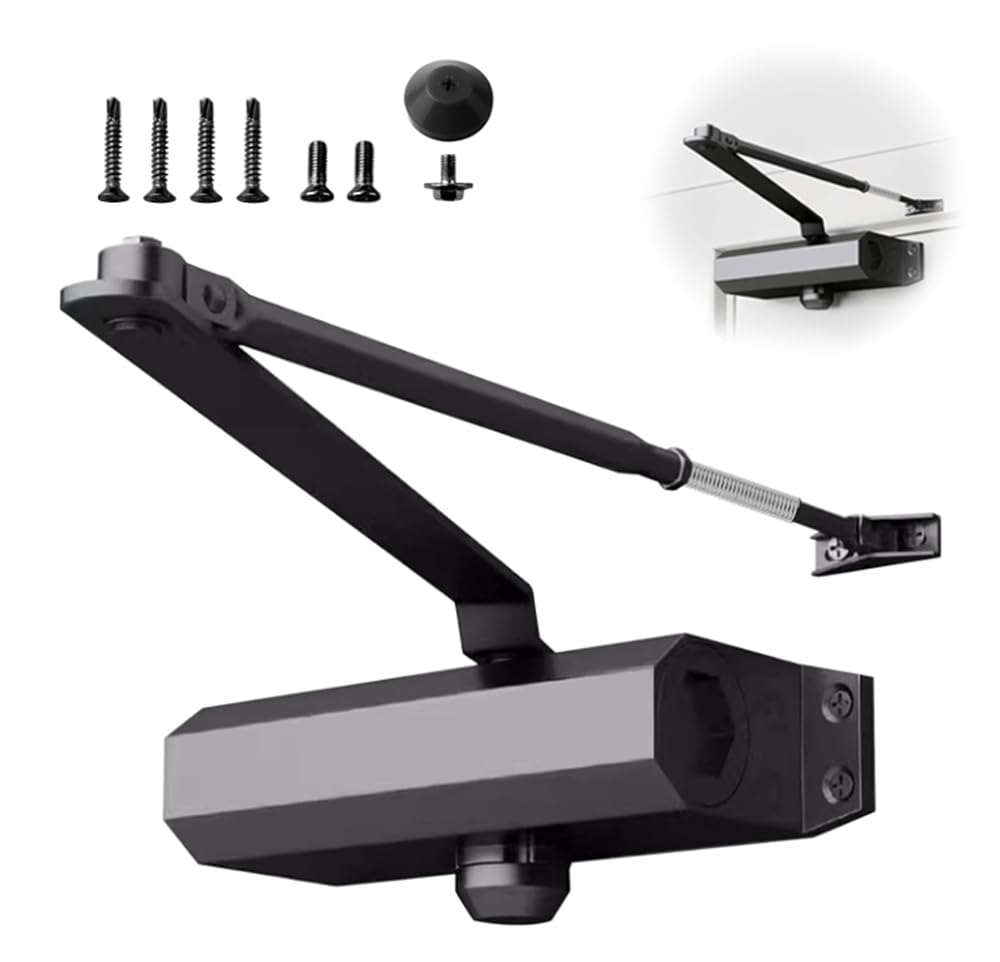 Door Closer, Automatic Door Closer, Hydraulic Automatic Door Closer Sprayed, Spring Hydraulic Aluminum Alloy Body for Residential and Light Commercial Use for Door Weights 85Lbs, Easy Install (Black)
