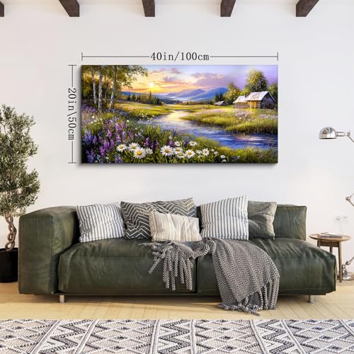 SERIMINO Large Wall Art Prints, Rural Landscape Wall Decor, Meadow Wildflower Canvas Painting, River Cottage Pictures Home Decor Living Room Bedroom, Green Scenery Farmhouse Decor Artwork 20"X40"