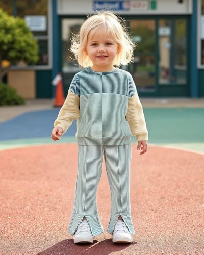 HINTINA Toddler Girl Long Sleeve Outfits Color Block Top Slit Pant Set3