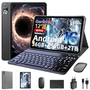 Raemond 12 Zoll Tablet mit Tastatur, Android 16 mit Gemini AI, 36GB RAM + 256GB ROM (2TB TF) 2000 * 1200 FHD 90Hz Display, Unisoc T7250 Octa-Core, 8MP+20MP Duale Kamera, Face ID, (Grau)