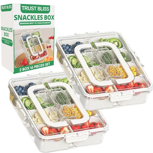 Image of Trust Bliss Snackle Box Container, Premium 2-Pack Divided Serving Tray & Lid with 8 Compartments, Large Durable Snackle Boxes for Parties – Snack box container, Perfect for Treats & Gifts (PET)