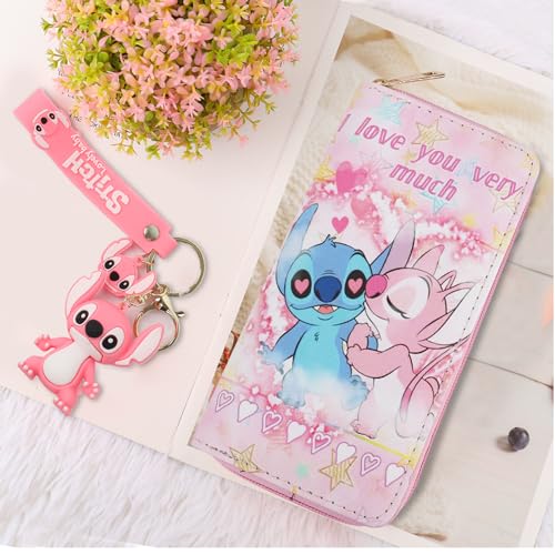 shengo Stitch Wallet Women's Wallet, Stitch Coin Purse Cartoon Purses PU Purse Long Stitch Wallets with Stitch Keychain, Gifts for Girls Women, Zippered (Style H) - Image 7