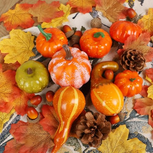 winemana 50pcs Fall Decorations for Home- Mini Pumpkins, Autumn Leaves & Acorns Centerpiece Set -Thanksgiving Harvest Decor for Table, Mantle, Party Backdrop
