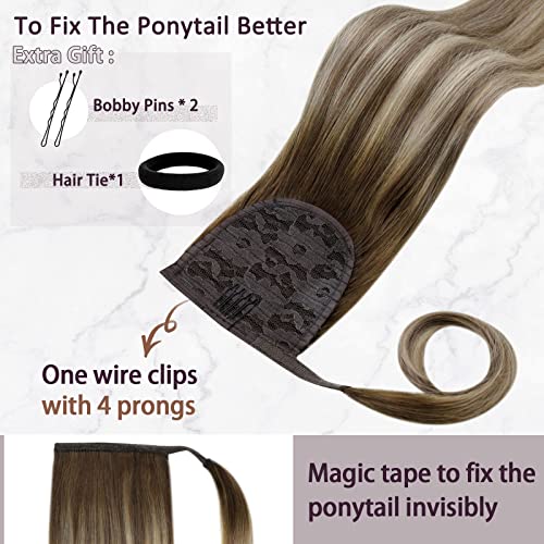 RUNATURE Ombre Ponytail Hair Extensions Real Hair Brown to Medium Blonde Clip in Ponytail Extension Human Hair Balayage Ponytail Extensions 20 Inch 80g - Image 4