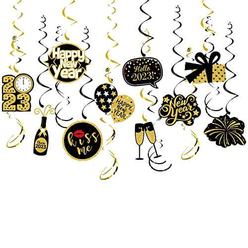 16 Stück NeuJahr deko 2023 Silvester Deckenhänger Spiral Girlanden Schwarz Golden Luftschlangen Silvester Hängedeko Wirbel für Frohes Nneues Jahr Party Dekorationen, Neujahrsdeko, Silvester Deko 2023 Cover