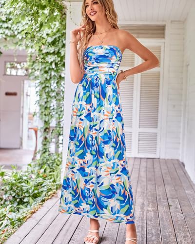 Image of GRACE KARIN Women Strapless Dress Casual Loose Ruched Long Maxi Dress with Pockets