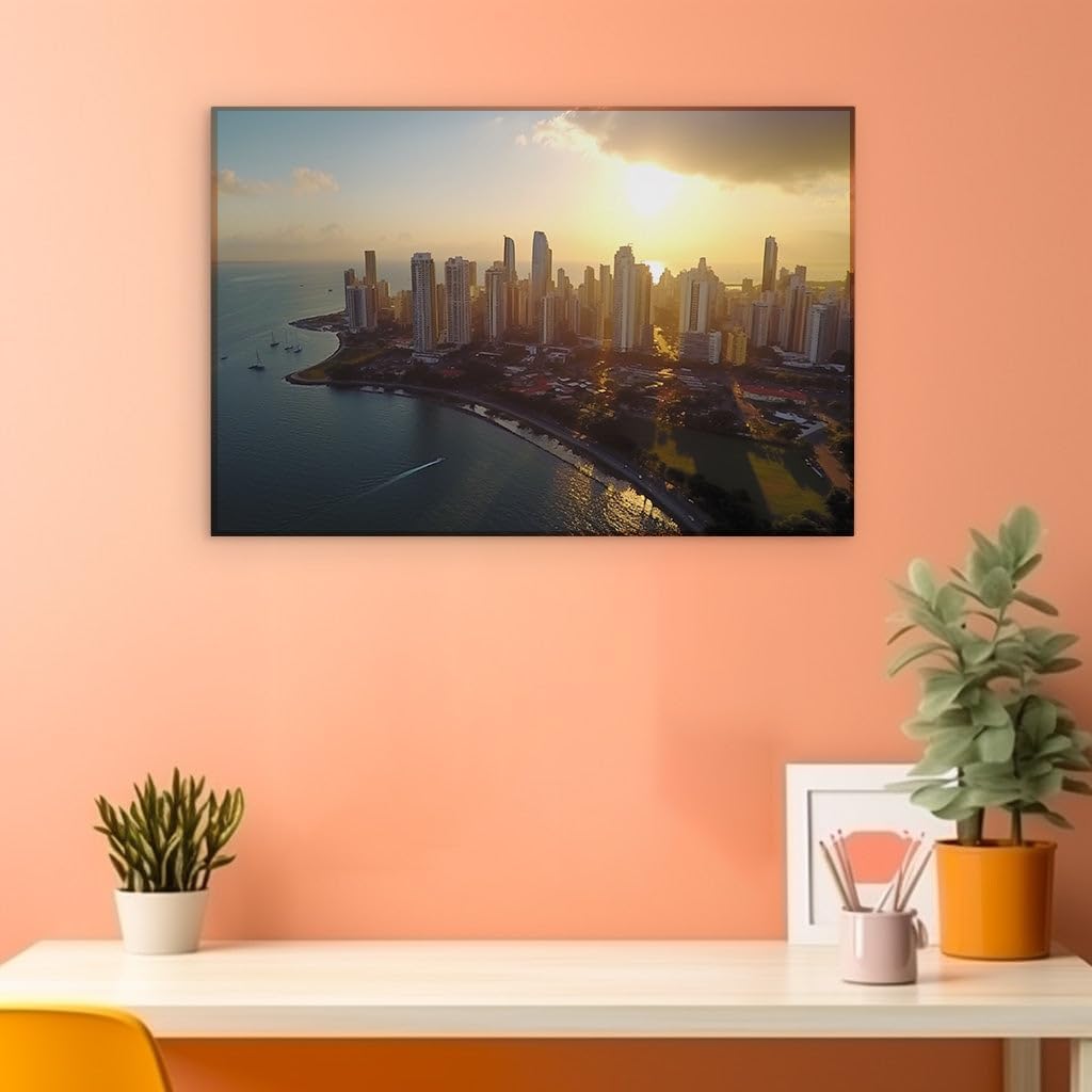 Canvas for Living room. Sunset Serenity Over Panama City's Skyline and Seascape, 27 x 18 inch Canvas Wall Art - Ready to Hang - 69x46 cm (27x18 inch)