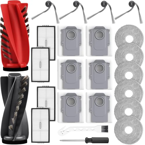 24 Stück Zubehör für Roborock Saros 10R/Saros 20/Qrevo Curv 2 ProX/Curv 2 Pro Saugroboter 2 Hauptbürste 6 Staubbeutel 6 Wischpads 4 HEPA-Filter 4 Seitenbürsten 1 Reinigungsbürste 1 Schraubendreher