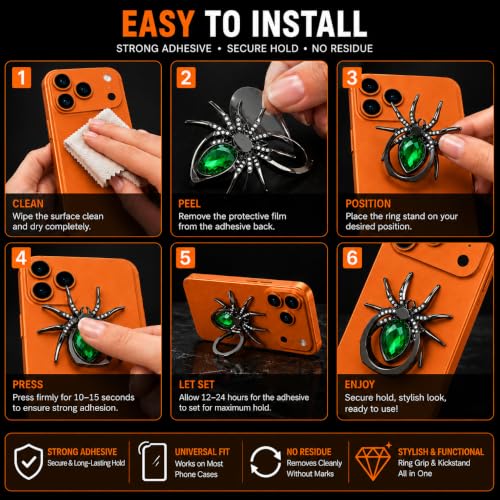 Image of Mizi Spider Phone Ring Holder Stand, 360 Rotating & 180 Flip Finger Grip Kickstand with 3M Adhesive, Zinc Alloy Rhinestone Phone Ring Holder for iPhone, Samsung & All Smartphones - Green