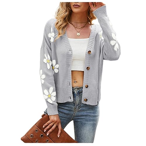 Women's Button Down Knit Cardigan Sweater Floral Printed Casual Long Sleeve Lightweight Outwear Coat