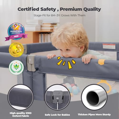 Image of Kidirect Foldable Baby Playpen, 71 inchx69 inch Extra Large Playpen for Babies and Toddlers, Portable Play Yard with 5 Handles, Indoor Outdoor Safety Baby Fence with Visible Mesh, Grey
