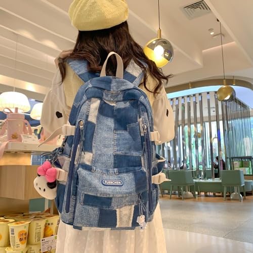 JHTPSLR Denim Patches Sewing Canvas Backpack Y2K Aesthetic Backpack Cute Cowboy Backpack Preppy Backpack Bookbag Laptop Backpack Mochilas (Blue+Plushies)2