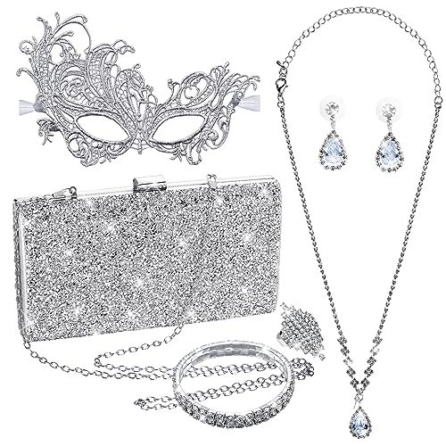 5 Pieces Masquerade Mask for Women Rhinestone Crystal Jewelry Set Glitter Clutch Purses Bag Lace Masks Evening Bling Necklace Earrings Bracelets Ring for Venetian Party Wedding Halloween Carnival