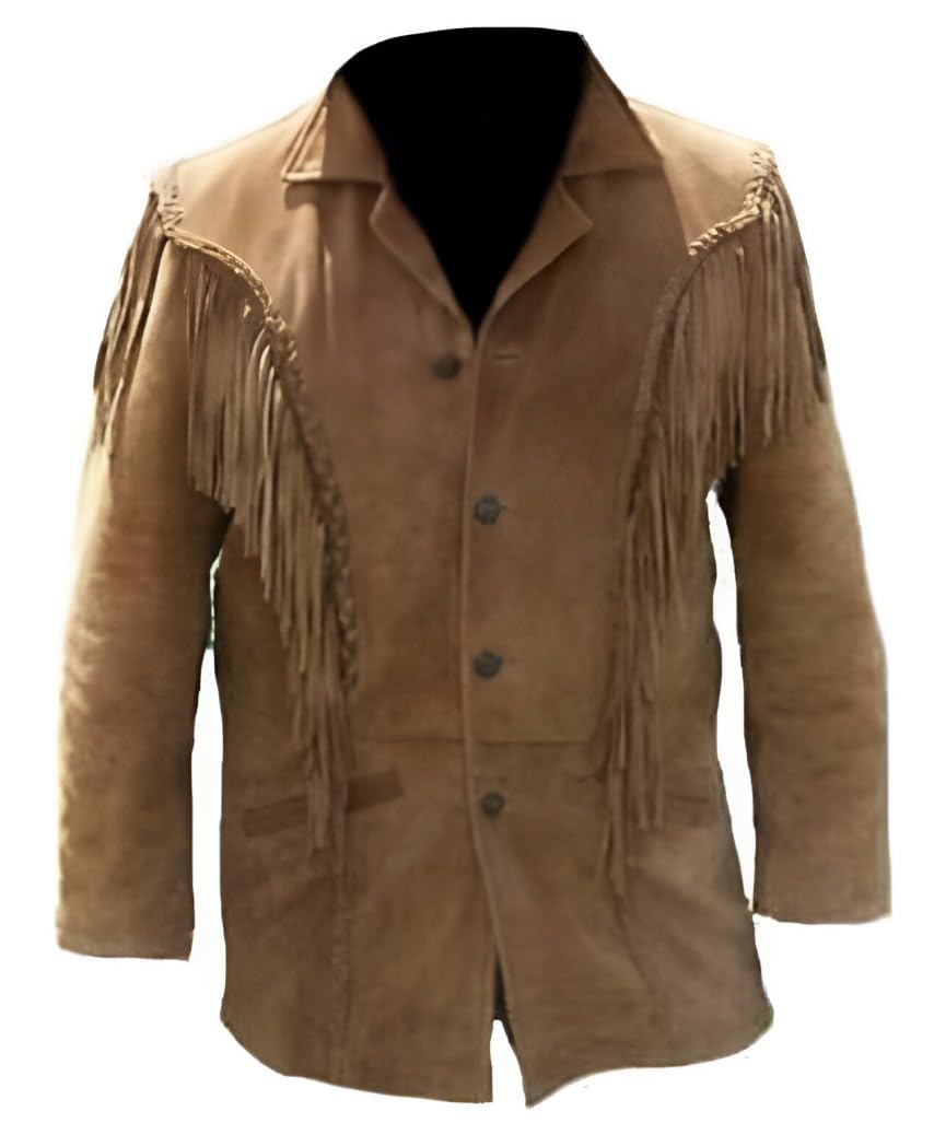 Rapid Mart Men's Genuine Suede Leather Western Jacket handcrafted with Fringed Details for a Modern Western Look (Large, Brown)