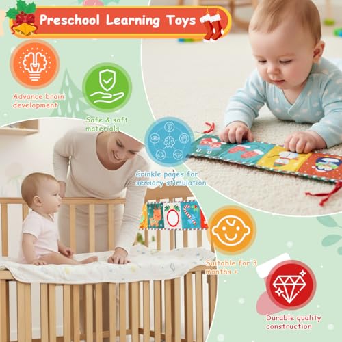Image of SNOWIE SOFT Baby Cloth Book 115x70cm 3D Christmas Themed Colorful Baby Crib Cloth Fence Wrap with Fun Mirror, Squeaky Toy, Interactive Play Book for Tummy Time