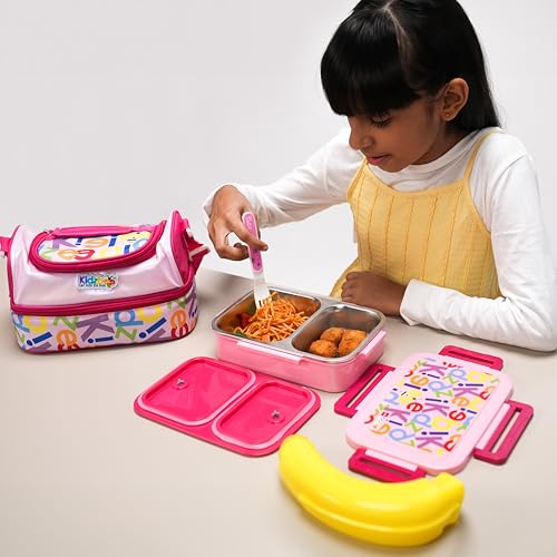Image of CELLO Kidzbee Series Mini Meal Set for Kids |1 Lunch with Banana and Attractive Jacket | Insulated Meal Carrier | Lunch Box Set for Kids | Pink