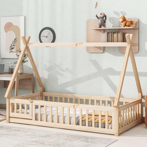 Image of UOCFYK Twin Size Montessori Floor Bed with Fence and Door, Pine Wood Bedfraem with Tent-Shaped Headboard & Full-Length Guardrails for Boys and Girls, Easy to Assemble, Natural