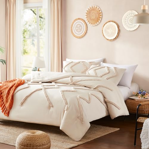 Image of Cupocupa 3-Piece King Size Comforter Set - Beige Bohemian Tufted Lightweight Jacquard Bedding with 2 Pillow Shams for All Seasons