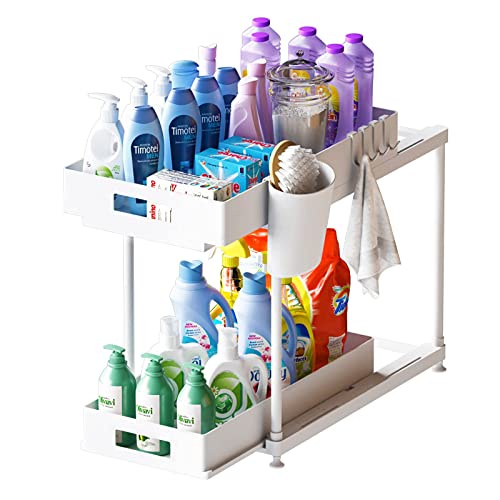 NYYTGE Double Sliding Under Sink Organizer, 2 Tier Bathroom Organizer with 1 Cup 4 Hooks, Multi-purpose Under Cabinet Storage Rack, Under Sink Organizers and Storage for Home Kitchen Organization NYYTGE Double Sliding Under Sink Organizer, 2 Tier Bathroom Organizer with 1 Cup 4 Hooks, Multi-purpose Under Cabinet Storage Rack, Under Sink Organizers and Storage for Home Kitchen Organization