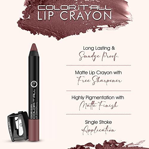 Image of Colors Queen Color It All Long Lasting Crayon Lipstick For Women | Pack of 3 & Get 1 Free | Up to 18 Hours Stay | Matte Finish | Smudge Proof (Make It Happen, Chocobar, Rich High & Smoke Red,3.5g)