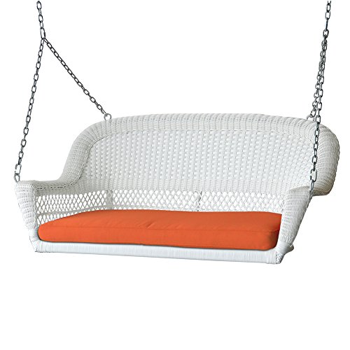 Jeco Wicker Porch Swing with Orange Cushion White