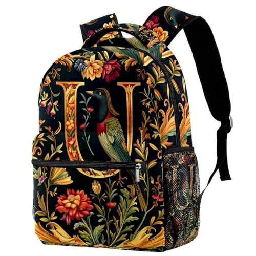 Sac à dos campus voyage rétro oiseau lettre U fille garçon avec porte-bouteille