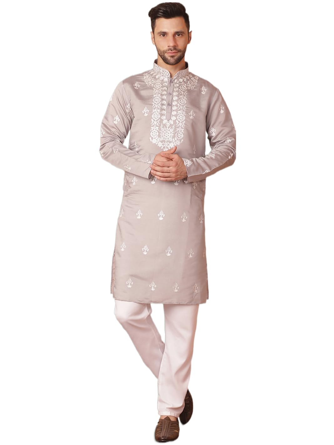jompers Silk Blend Men's Chikankari Embroidered Kurta With Pant.-picture-19