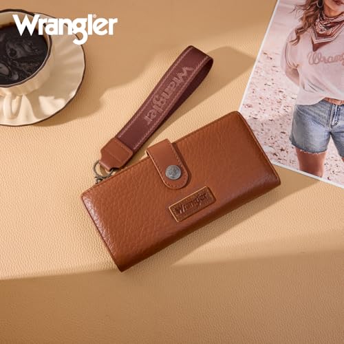 Image of Montana West X Wrangler Brown Wristlet Wallet Minimalist Clutch Womens Wallet Rfid Card Cases & Money Organizers with Coin Purse and Smooth Zipper