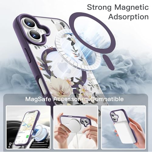 Image of VONZEE Back Cover Case Compatible with iPhone 17, Luxury Retro Flowers Floral Clear for Magnetic Wireless Charging Case Shockproof PC+TPU Cute Glossy Shiny Cover for Girls Women, 6.3'' Deep Purple