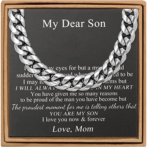 Image of JoycuFF Son Gifts from Mom Mens Cuban Link Chain Necklace Stainless Steel 10MM 22 Inches Hip Hop Unique Birthday Simple Granduation Jewelry for Boy
