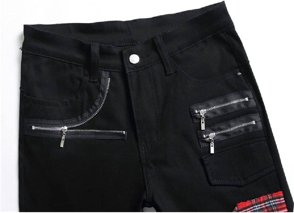 Men's Plaids Patchwork Denim Jeans Punk Rock Zippers Rivets Black Pants Slim Straight Trousers