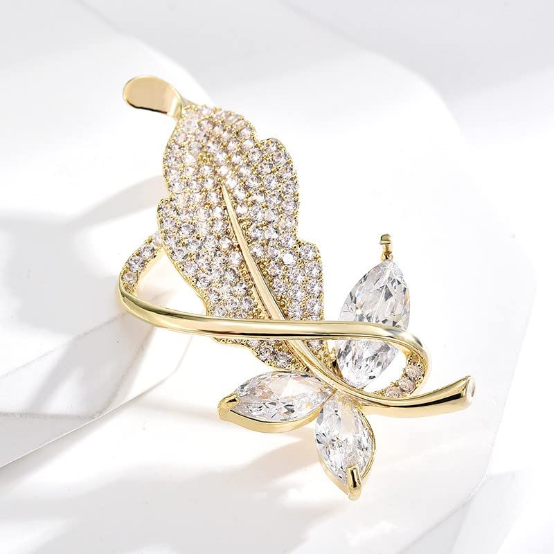 Image of Rhinestone Leaf Brooch Pins - Crystal & Gold-plated Lapel Pin Jewelry for Women - Birthday Gift for Wife or Friends